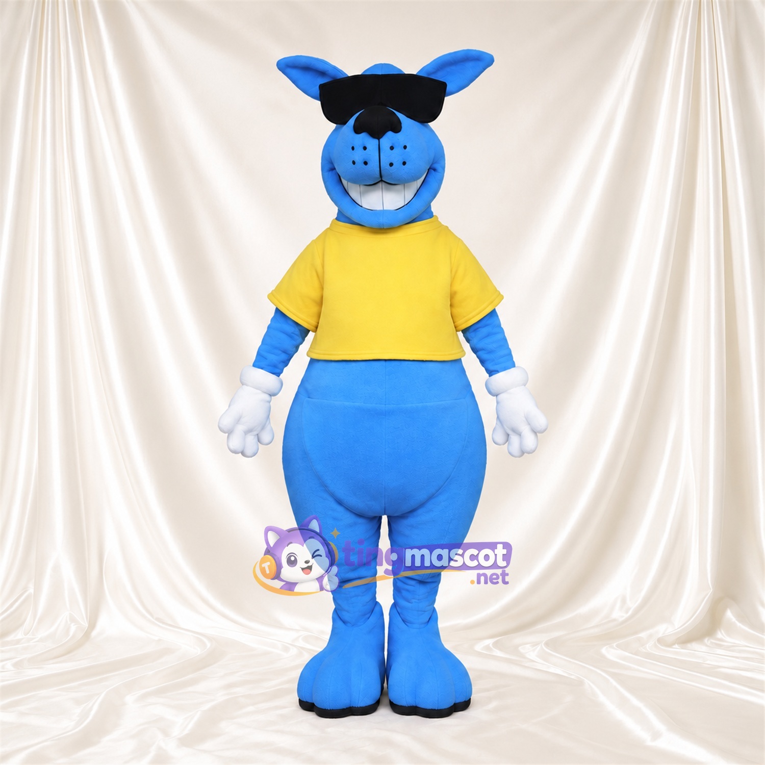 Costume de mascotte Kangourou – bleu – Chemise (jaune); Lunettes de soleil Costume de mascotte Kangourou – bleu – Chemise (jaune); Lunettes de soleil