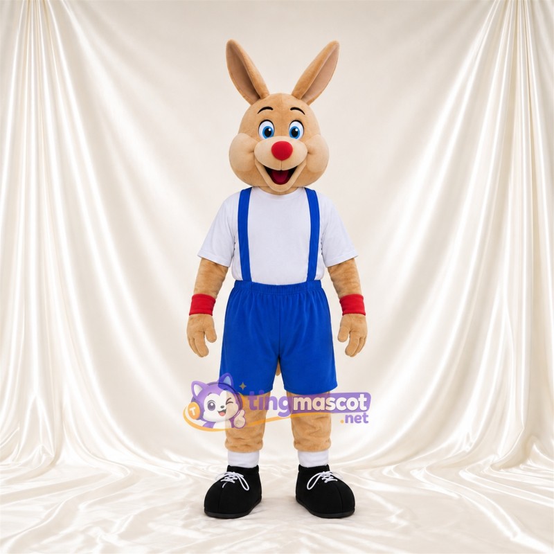 Costume de mascotte Kangourou – brun clair – Chemise (blanc); Salopette (bleu) Costume de mascotte Kangourou – brun clair – Chemise (blanc); Salopette (bleu)