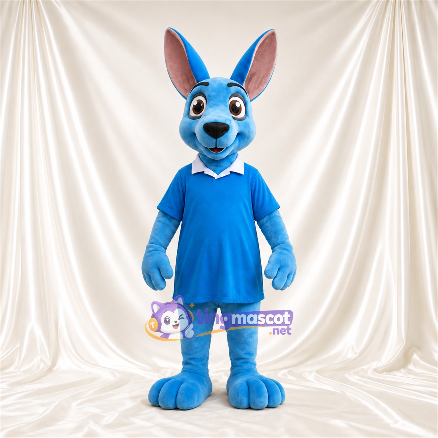Blue Kangaroo Mascot Costume - Blue Dress, Pink Inner Ears and White Collar Blue Kangaroo Mascot Costume - Blue Dress, Pink Inner Ears and White Collar