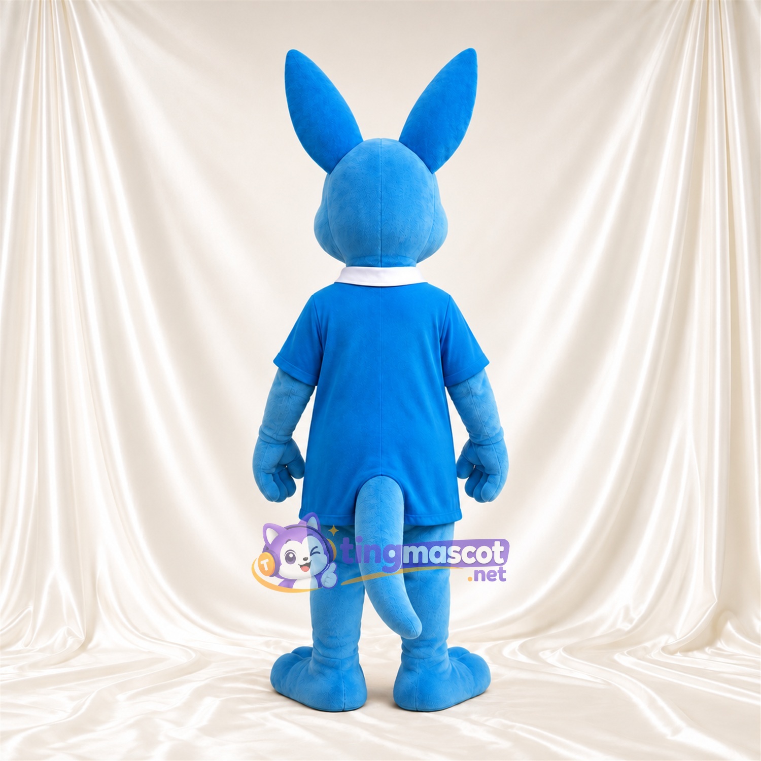 Blue Kangaroo Mascot Costume - Blue Dress, Pink Inner Ears and White Collar Blue Kangaroo Mascot Costume - Blue Dress, Pink Inner Ears and White Collar