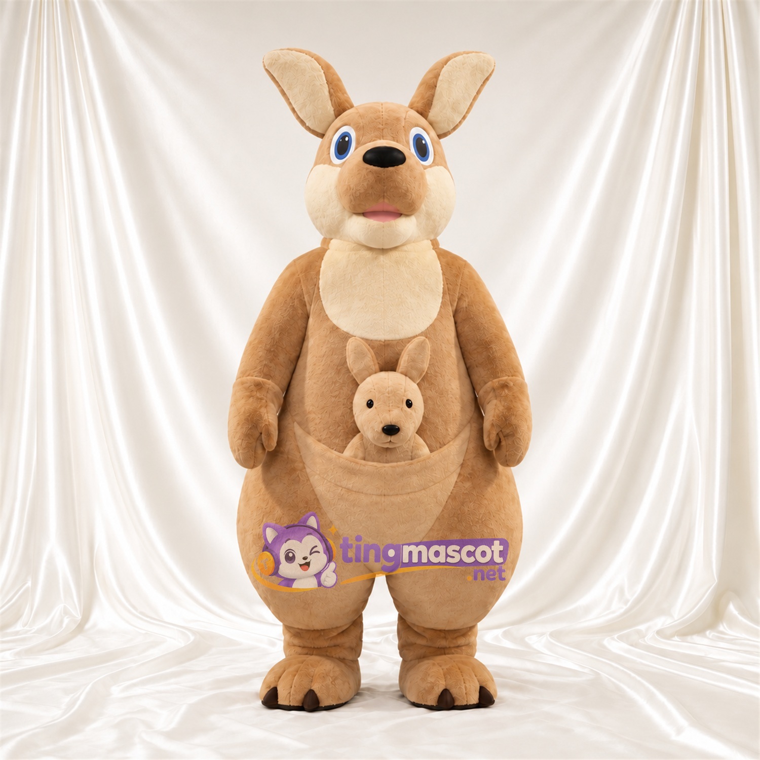 Costume de mascotte Kangourou – brun clair – Griffes (noir); Petit dans la poche Costume de mascotte Kangourou – brun clair – Griffes (noir); Petit dans la poche