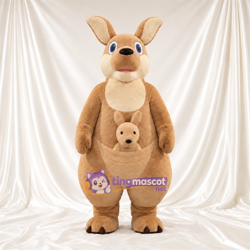 Costume de mascotte Kangourou – brun clair – Griffes (noir); Petit dans la poche Costume de mascotte Kangourou – brun clair – Griffes (noir); Petit dans la poche