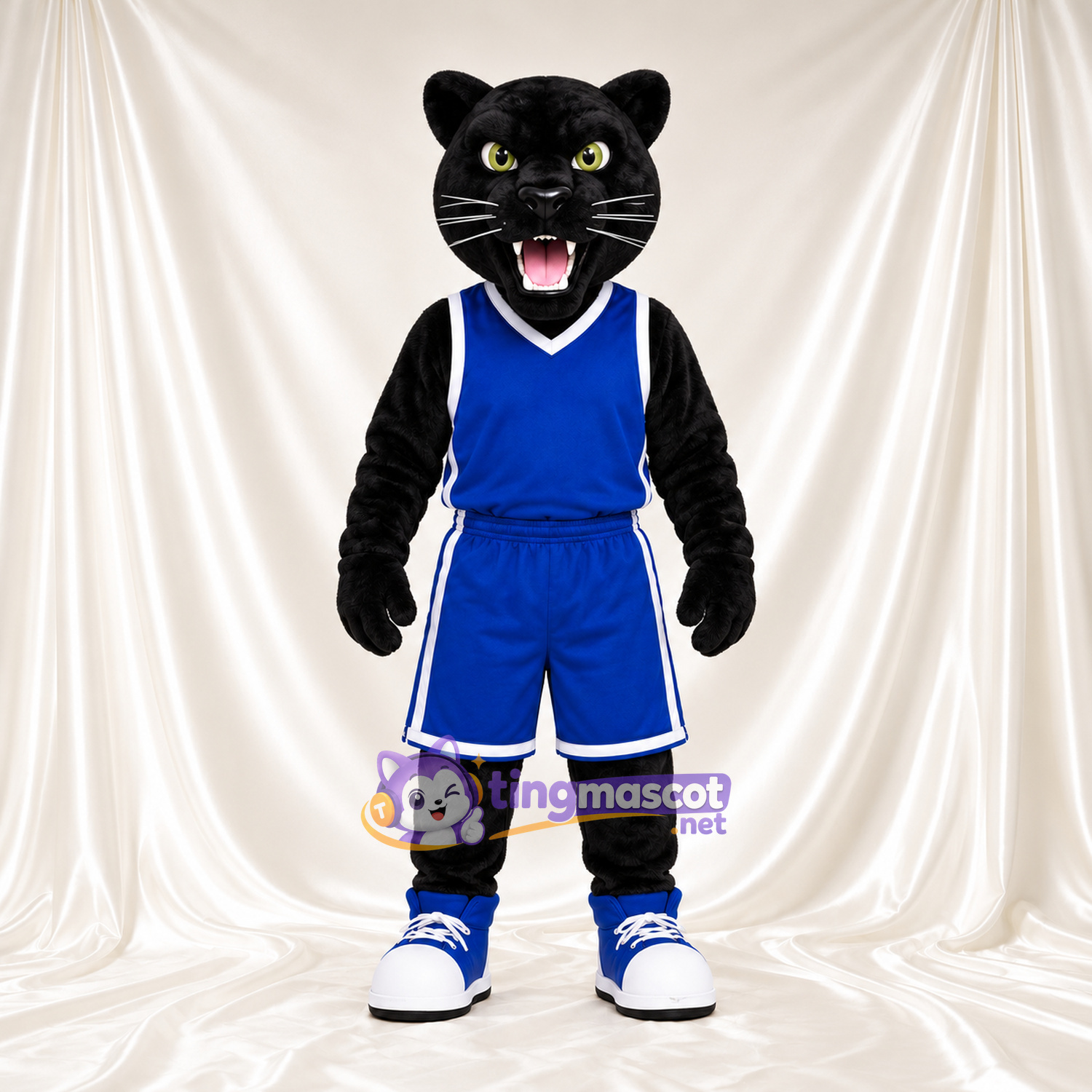 Black Wildcat Mascot Costume - Blue Basketball Uniform Black Wildcat Mascot Costume - Blue Basketball Uniform
