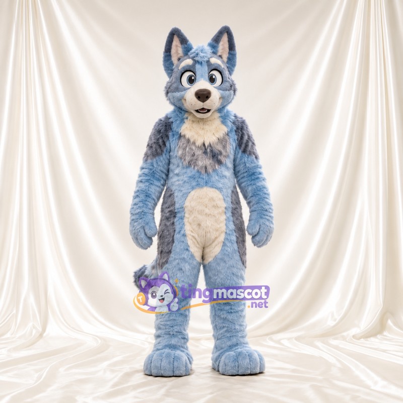 Maskottchenkostüm Husky – blau / weiß – Bauch (creme); Ringelschwanz Maskottchenkostüm Husky – blau / weiß – Bauch (creme); Ringelschwanz