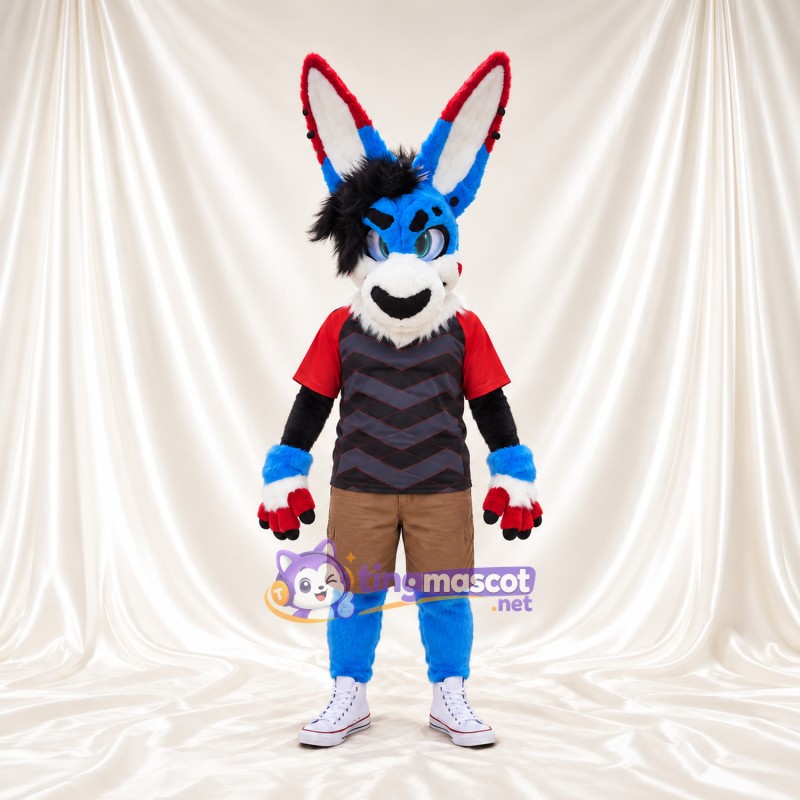 Blue Rabbit Mascot Costume - Striped Shirt and Brown Shorts Blue Rabbit Mascot Costume - Striped Shirt and Brown Shorts
