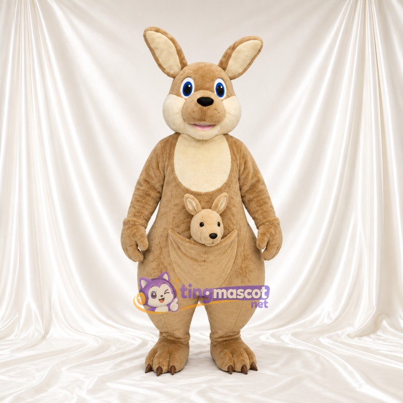 Costume de mascotte Kangourou – brun clair – Griffes (noir); Petit dans la poche Costume de mascotte Kangourou – brun clair – Griffes (noir); Petit dans la poche
