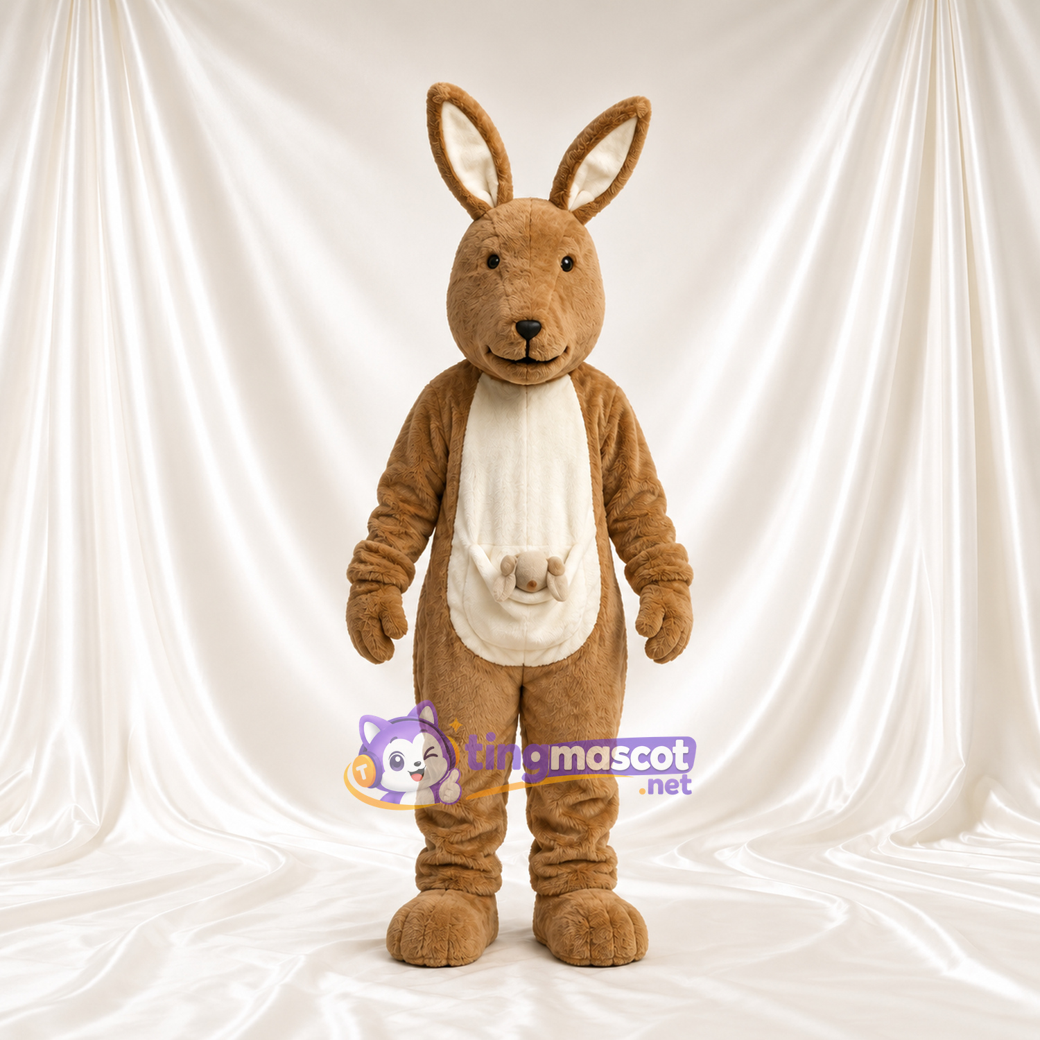 Costume de mascotte Kangourou – marron – Poche ventrale (blanc) Costume de mascotte Kangourou – marron – Poche ventrale (blanc)