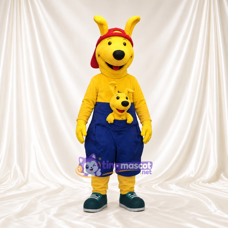 Maskottchenkostüm Känguru – gelb – Shorts (blau); Kappe (rot) Maskottchenkostüm Känguru – gelb – Shorts (blau); Kappe (rot)