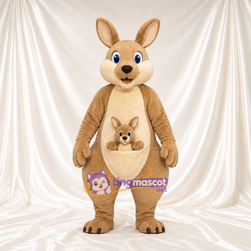 Costume de mascotte Kangourou – brun clair – Griffes (noir); Petit dans la poche Costume de mascotte Kangourou – brun clair – Griffes (noir); Petit dans la poche