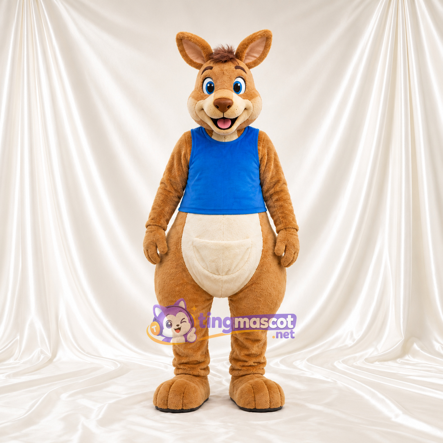 Costume de mascotte Kangourou – brun clair – Chemise (bleu) Costume de mascotte Kangourou – brun clair – Chemise (bleu)