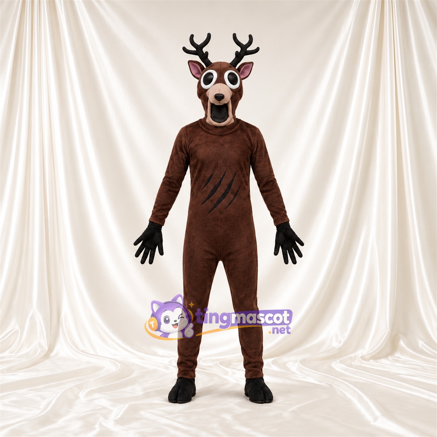 Brown Deer Mascot Costume - Wide Antlers and Black Gloves Brown Deer Mascot Costume - Wide Antlers and Black Gloves