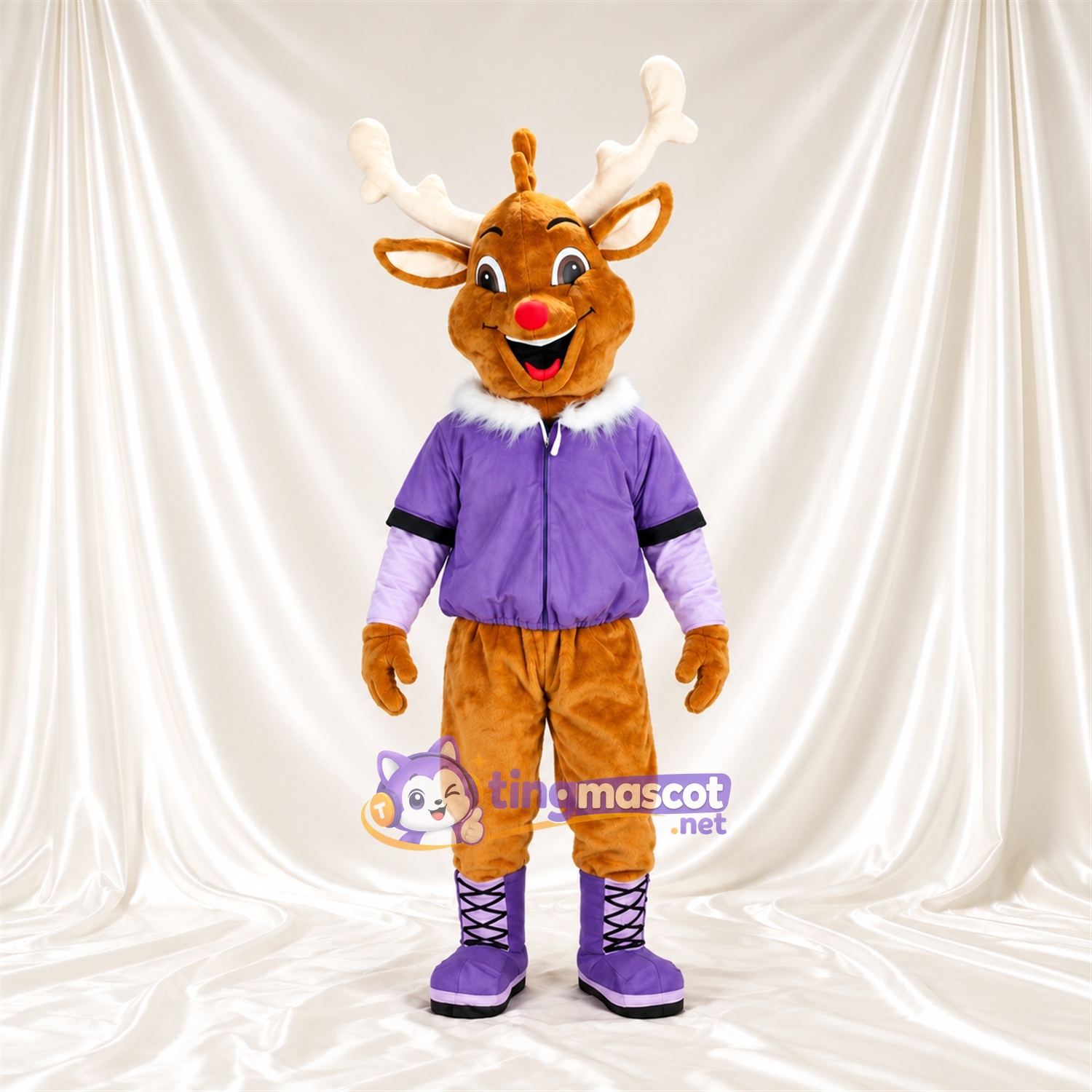 Costume de mascotte Cerf – marron – Veste (violet); Bois (blanc) Costume de mascotte Cerf – marron – Veste (violet); Bois (blanc)