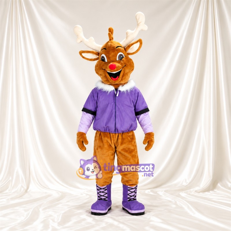 Costume de mascotte Cerf – marron – Veste (violet); Bois (blanc) Costume de mascotte Cerf – marron – Veste (violet); Bois (blanc)