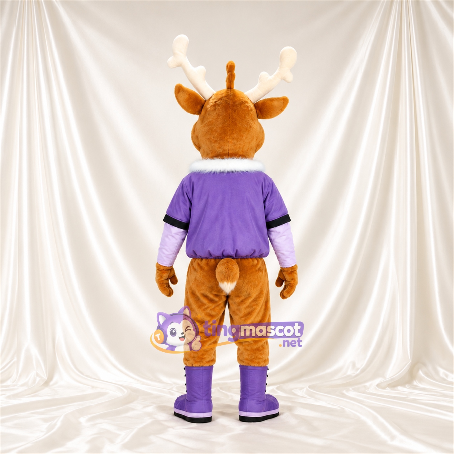 Costume de mascotte Cerf – marron – Veste (violet); Bois (blanc) Costume de mascotte Cerf – marron – Veste (violet); Bois (blanc)