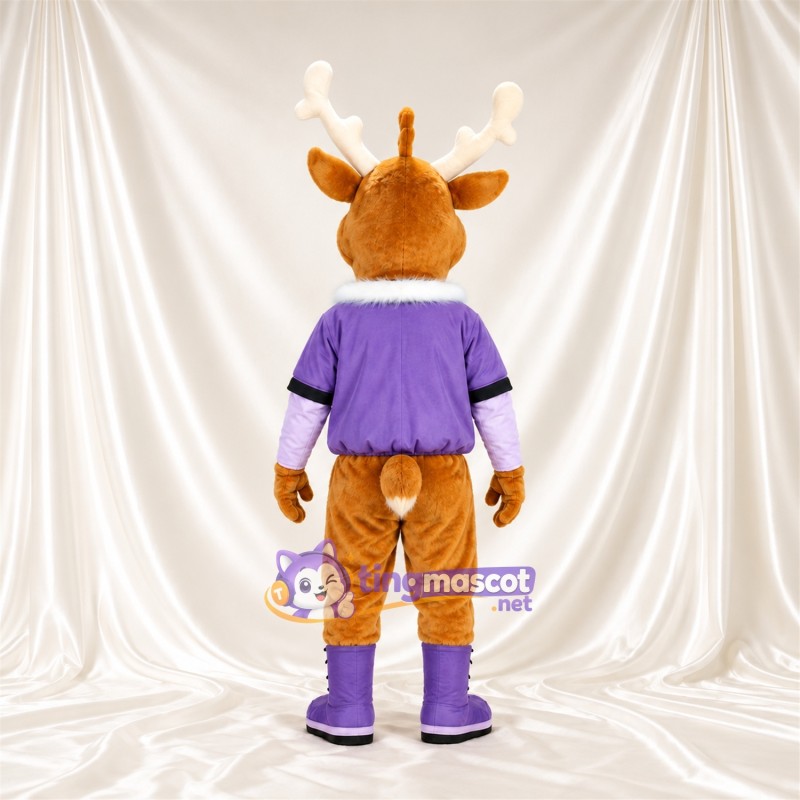 Costume de mascotte Cerf – marron – Veste (violet); Bois (blanc) Costume de mascotte Cerf – marron – Veste (violet); Bois (blanc)