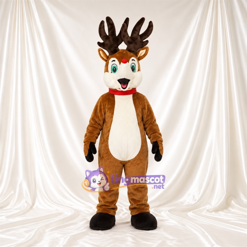 Costume de mascotte Cerf – marron – Yeux (vert); Col (rouge) Costume de mascotte Cerf – marron – Yeux (vert); Col (rouge)