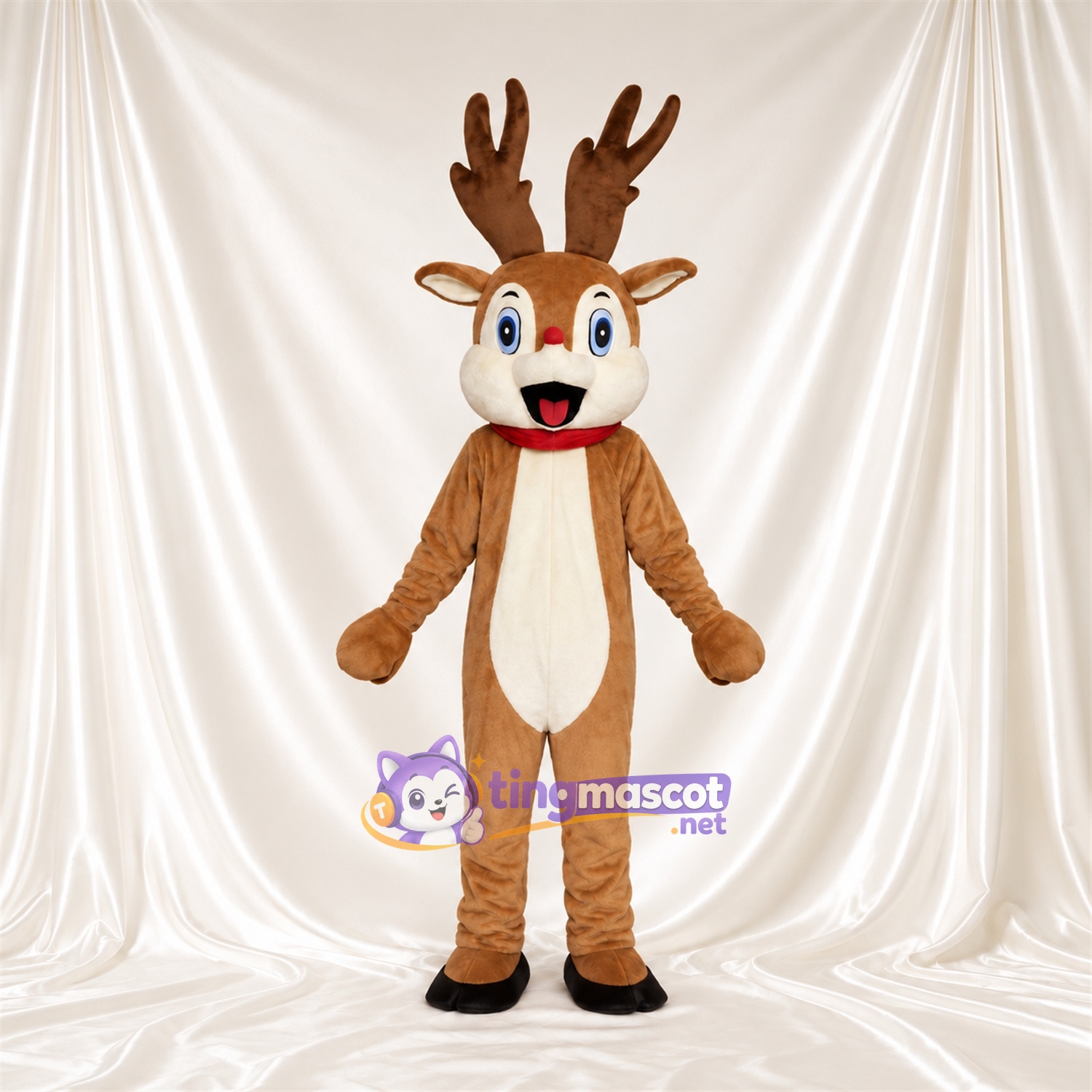 Costume de mascotte Cerf – marron – Yeux (bleu); Col (rouge) Costume de mascotte Cerf – marron – Yeux (bleu); Col (rouge)