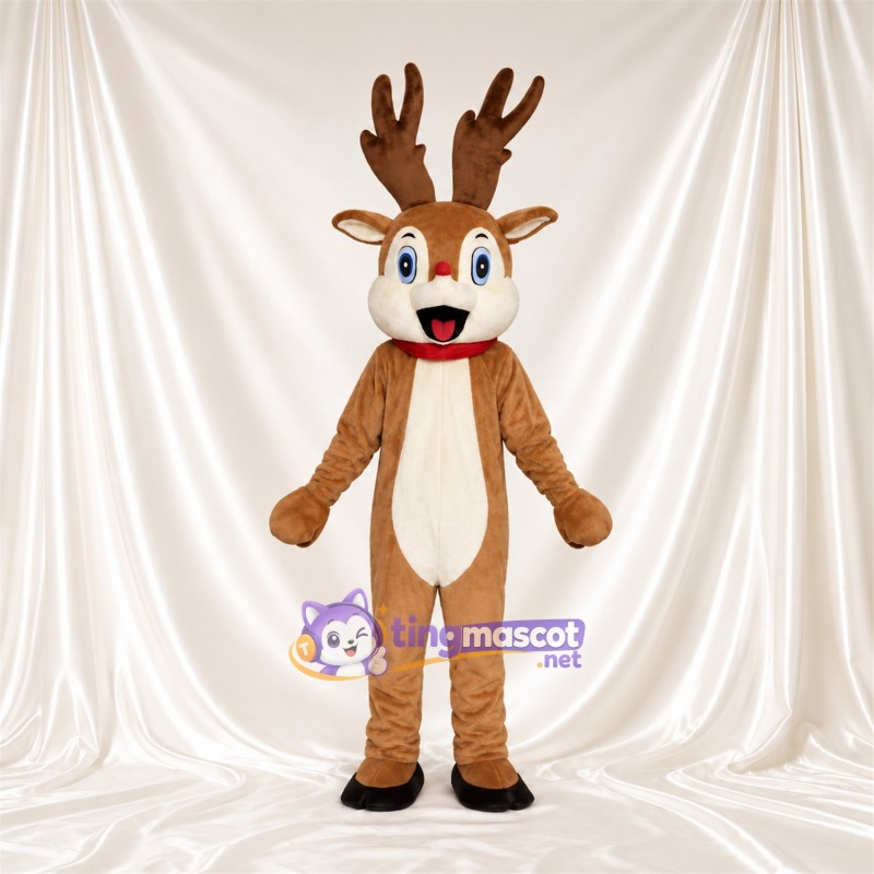 Costume de mascotte Cerf – marron – Yeux (bleu); Col (rouge) Costume de mascotte Cerf – marron – Yeux (bleu); Col (rouge)
