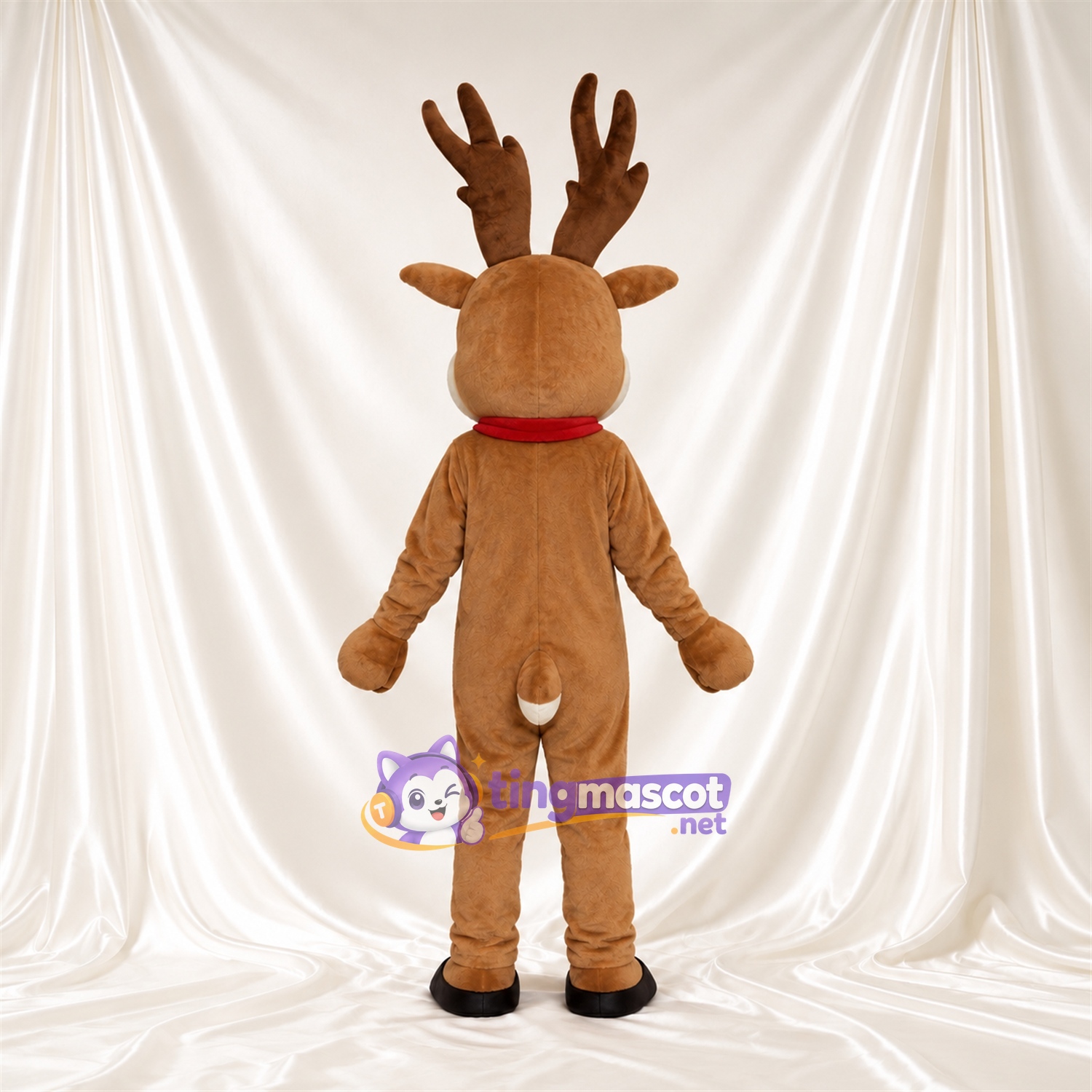 Costume de mascotte Cerf – marron – Yeux (bleu); Col (rouge) Costume de mascotte Cerf – marron – Yeux (bleu); Col (rouge)