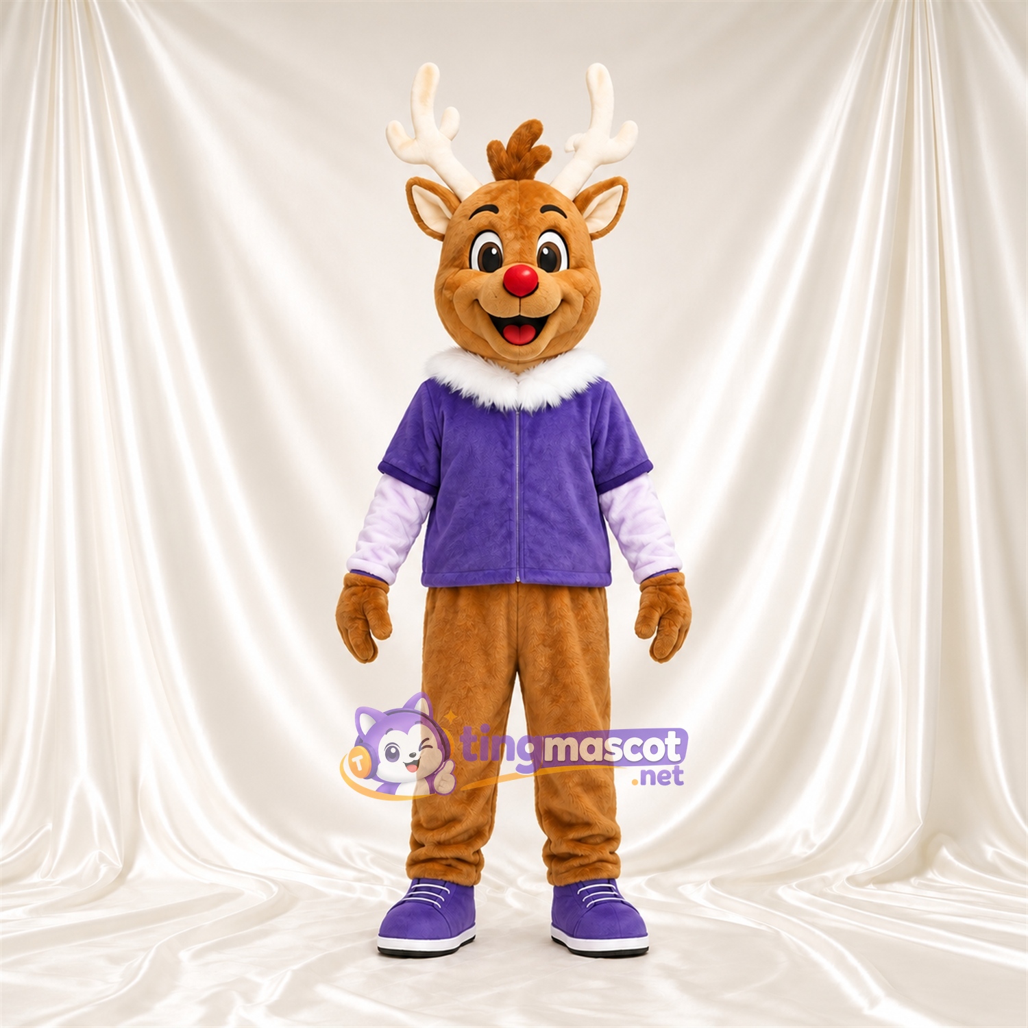 Costume de mascotte Cerf – marron – Veste (violet); Bois (blanc) Costume de mascotte Cerf – marron – Veste (violet); Bois (blanc)