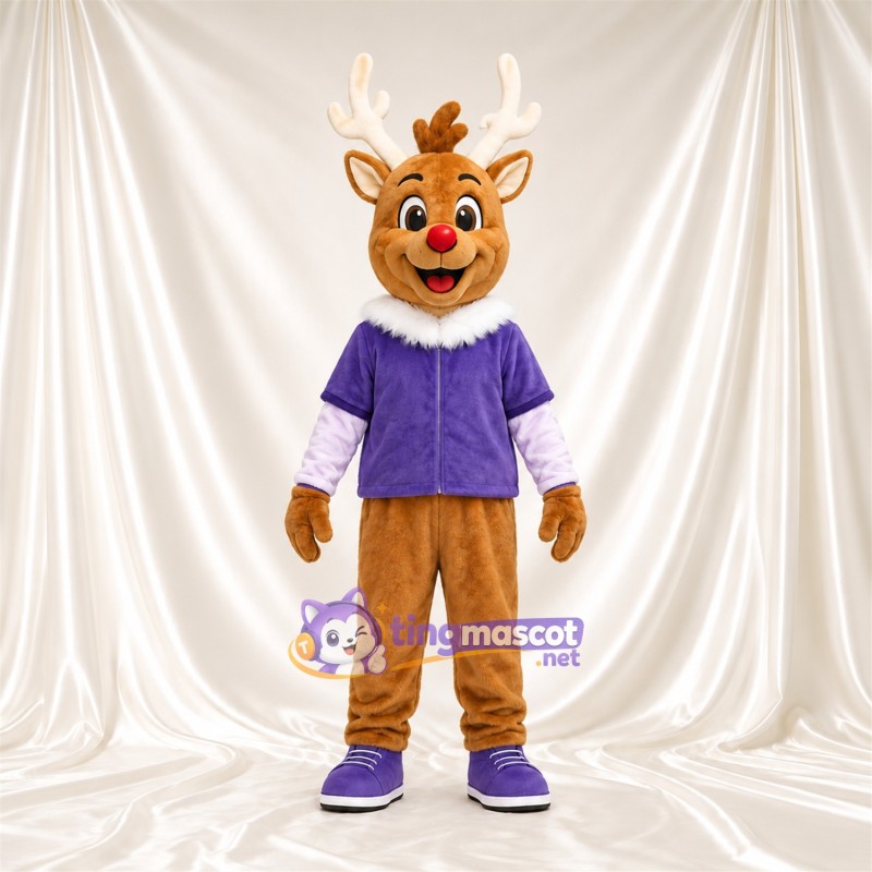 Costume de mascotte Cerf – marron – Veste (violet); Bois (blanc) Costume de mascotte Cerf – marron – Veste (violet); Bois (blanc)