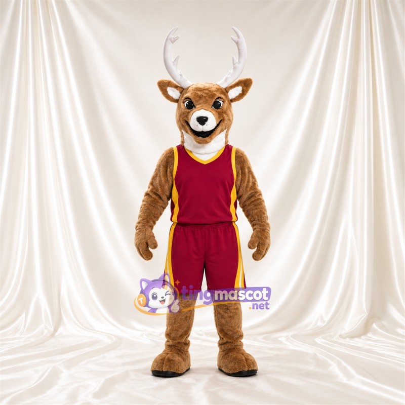 Maskottchenkostüm Hirsch – braun – Basketballtrikot (rot) Maskottchenkostüm Hirsch – braun – Basketballtrikot (rot)