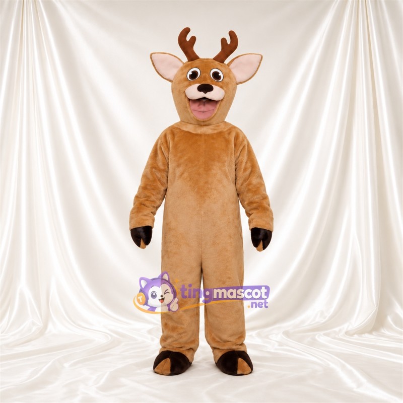 Brown Deer Mascot Costume - Short Antlers and Toothy Grin Brown Deer Mascot Costume - Short Antlers and Toothy Grin