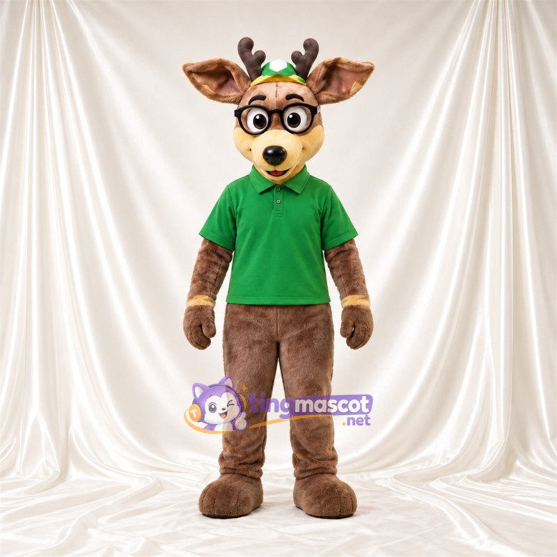 Maskottchenkostüm Hirsch – braun – Poloshirt (grün); Brille Maskottchenkostüm Hirsch – braun – Poloshirt (grün); Brille