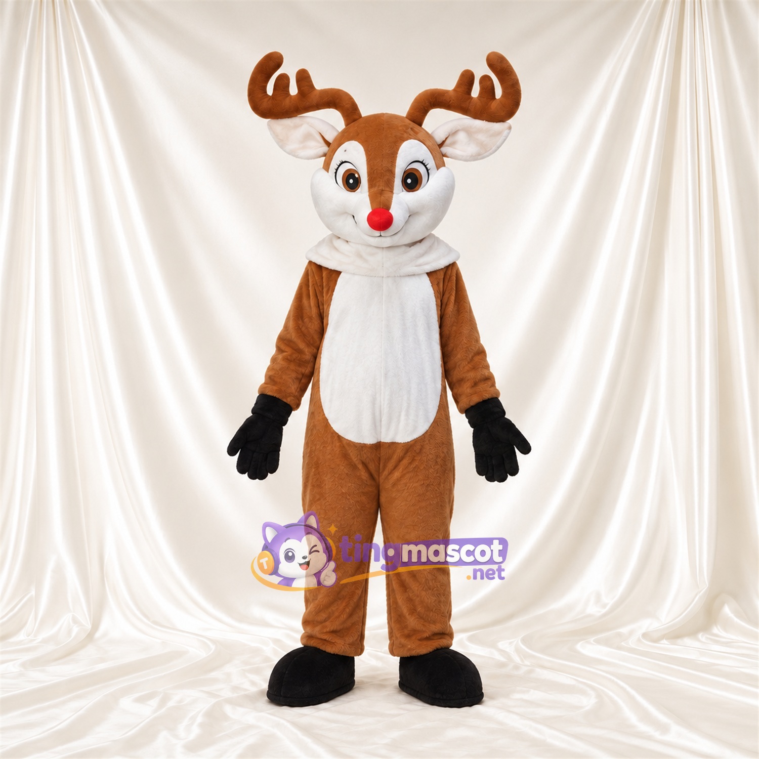 Costume de mascotte Cerf – marron – Nez (rouge); Écharpe (blanc) Costume de mascotte Cerf – marron – Nez (rouge); Écharpe (blanc)