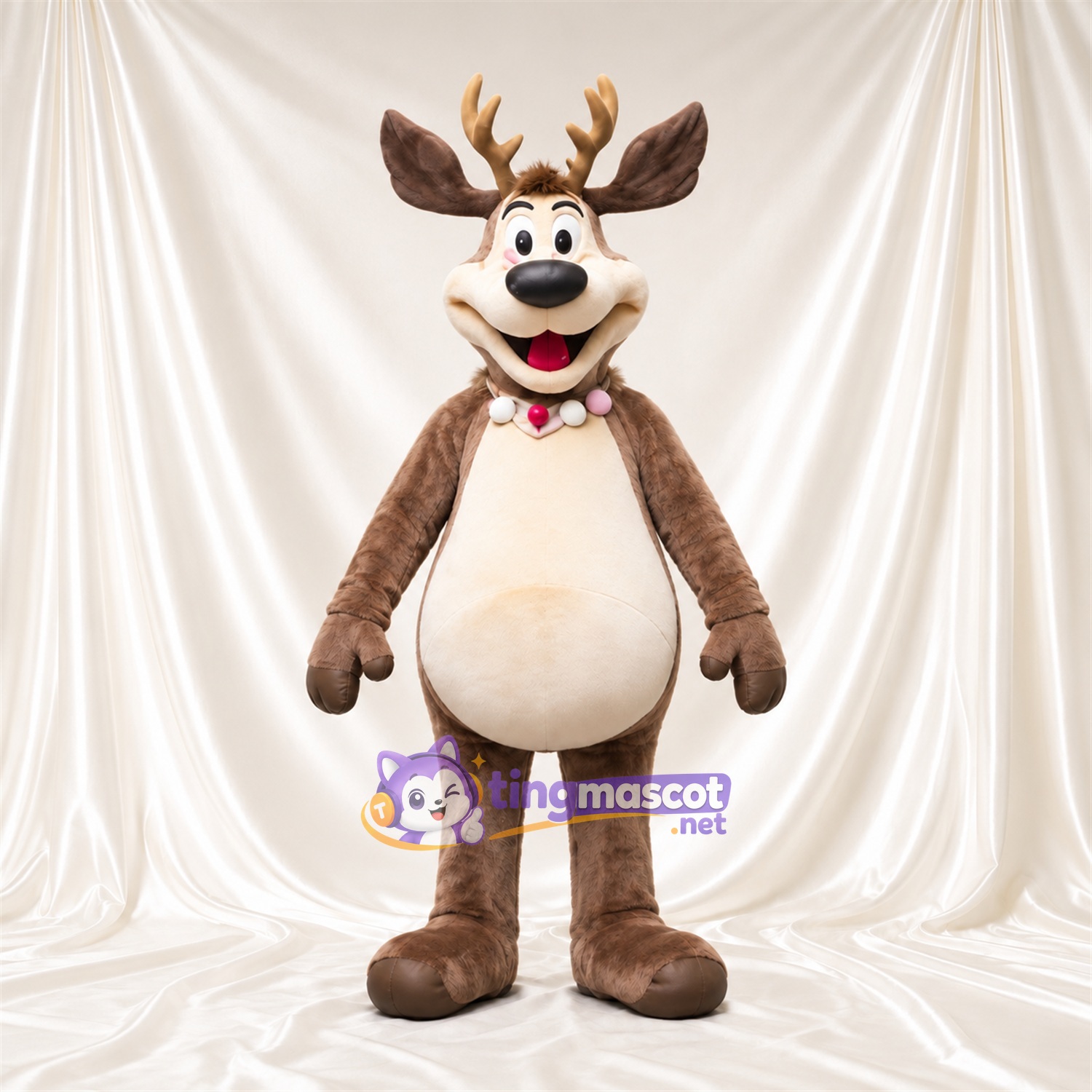 Brown Reindeer Mascot Costume - Bell Collar, Cream Belly and Round Belly Brown Reindeer Mascot Costume - Bell Collar, Cream Belly and Round Belly