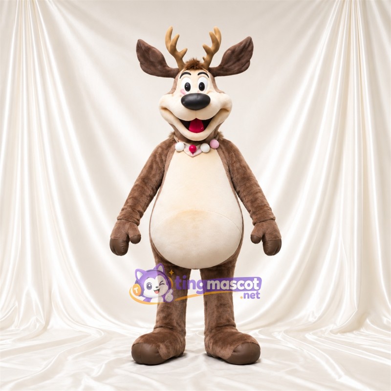 Brown Reindeer Mascot Costume - Bell Collar, Cream Belly and Round Belly Brown Reindeer Mascot Costume - Bell Collar, Cream Belly and Round Belly