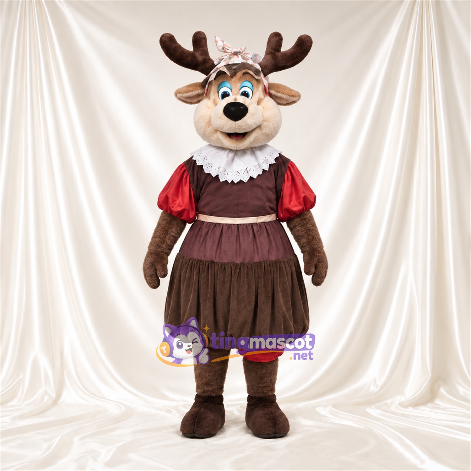 Brown Reindeer Mascot Costume - Burgundy Dress and Crown Brown Reindeer Mascot Costume - Burgundy Dress and Crown