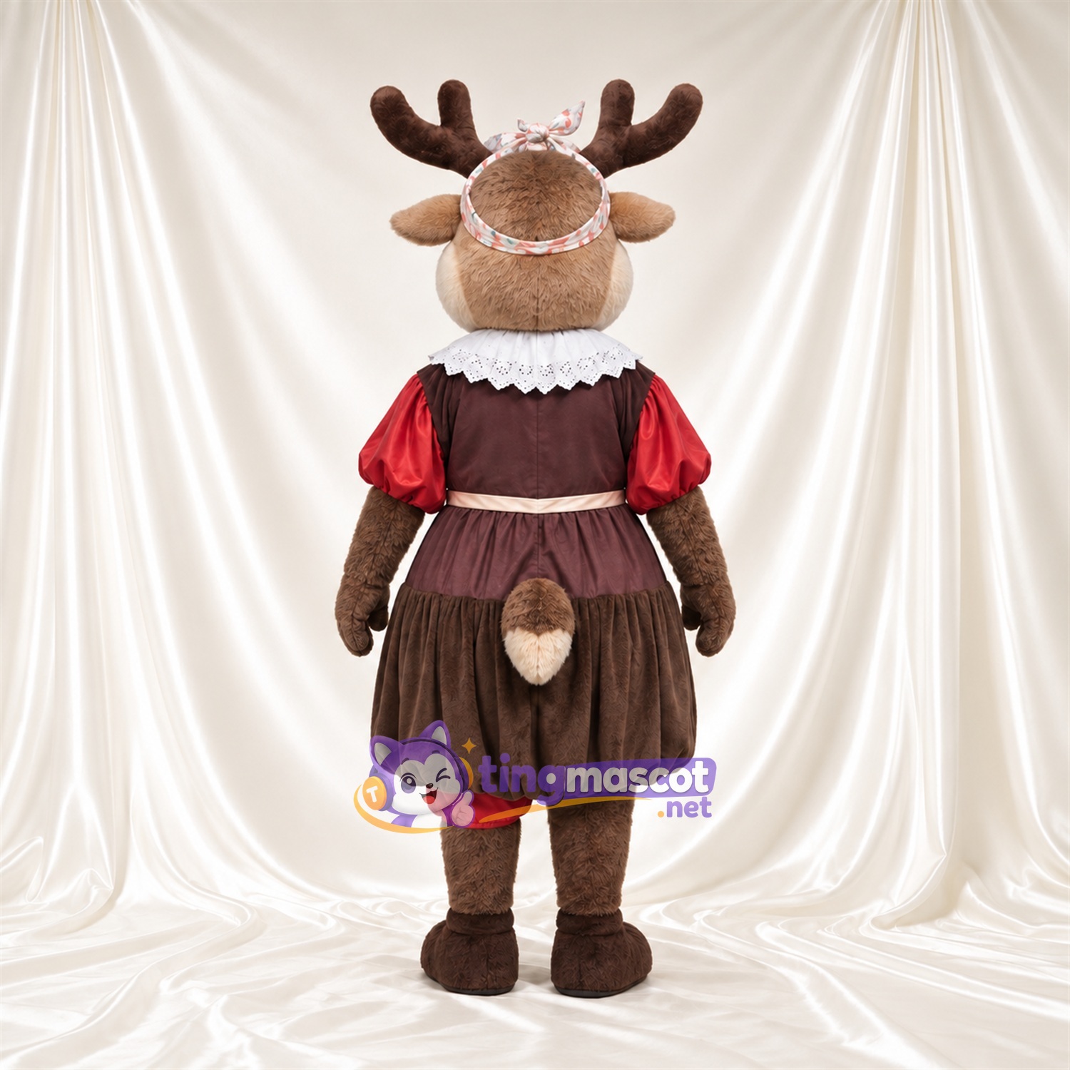 Brown Reindeer Mascot Costume - Burgundy Dress and Crown Brown Reindeer Mascot Costume - Burgundy Dress and Crown
