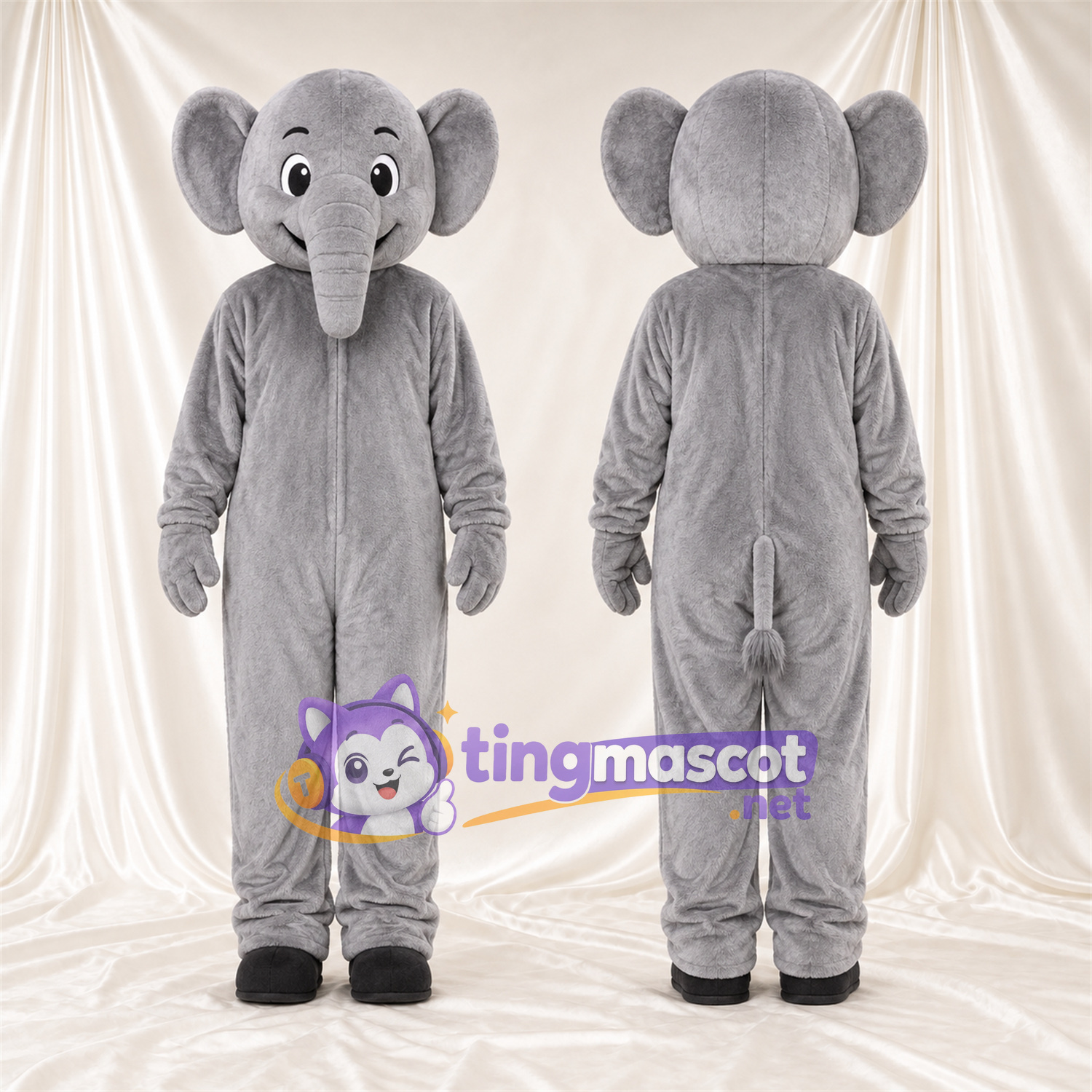 Costume de mascotte Éléphant – gris – Petites oreilles rondes; Petite trompe Costume de mascotte Éléphant – gris – Petites oreilles rondes; Petite trompe