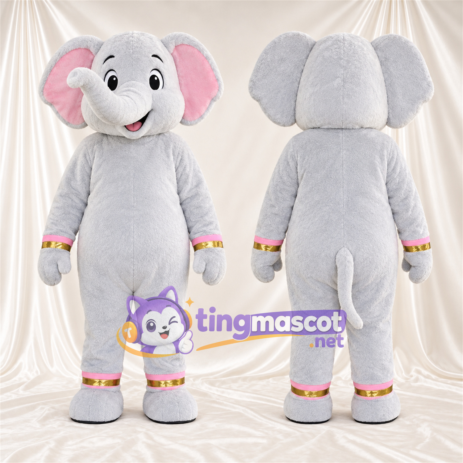 Gray Elephant Mascot Costume - Curled Trunk and Pink and Gold Cuffs Gray Elephant Mascot Costume - Curled Trunk and Pink and Gold Cuffs