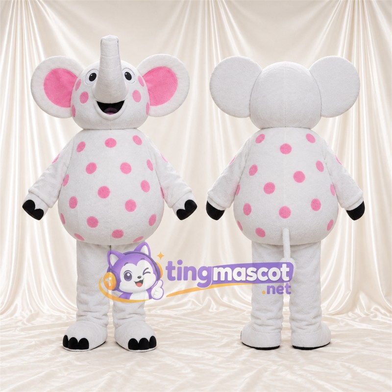 Costume de mascotte Éléphant – blanc – Pois (rose)
