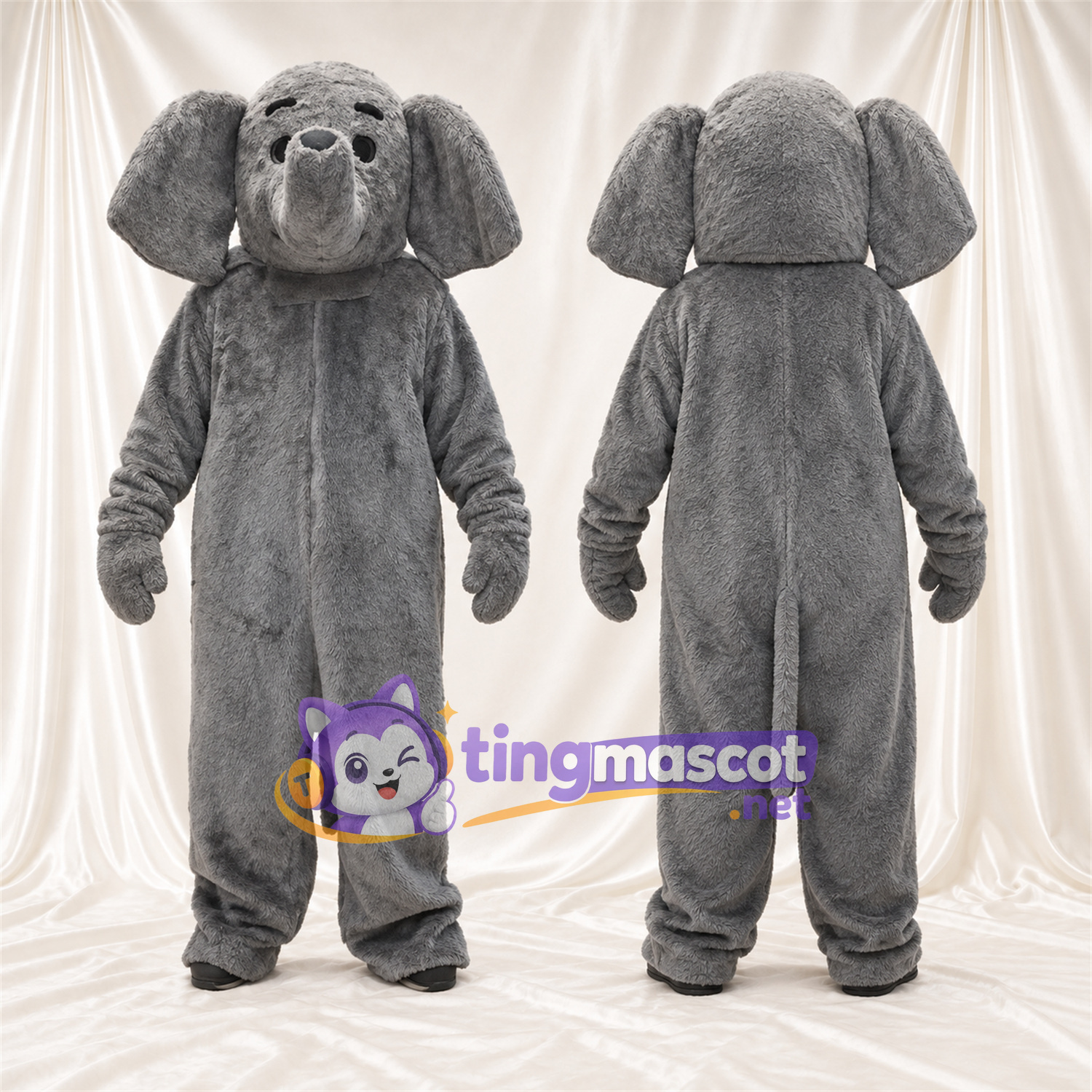 Maskottchenkostüm Elefant – grau – Schlappohren; Erhobener Rüssel Maskottchenkostüm Elefant – grau – Schlappohren; Erhobener Rüssel