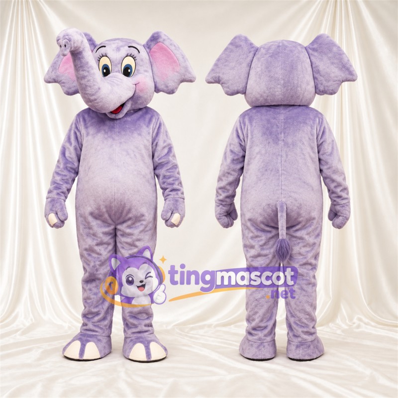 Purple Elephant Mascot Costume - Raised Trunk and White Tusks