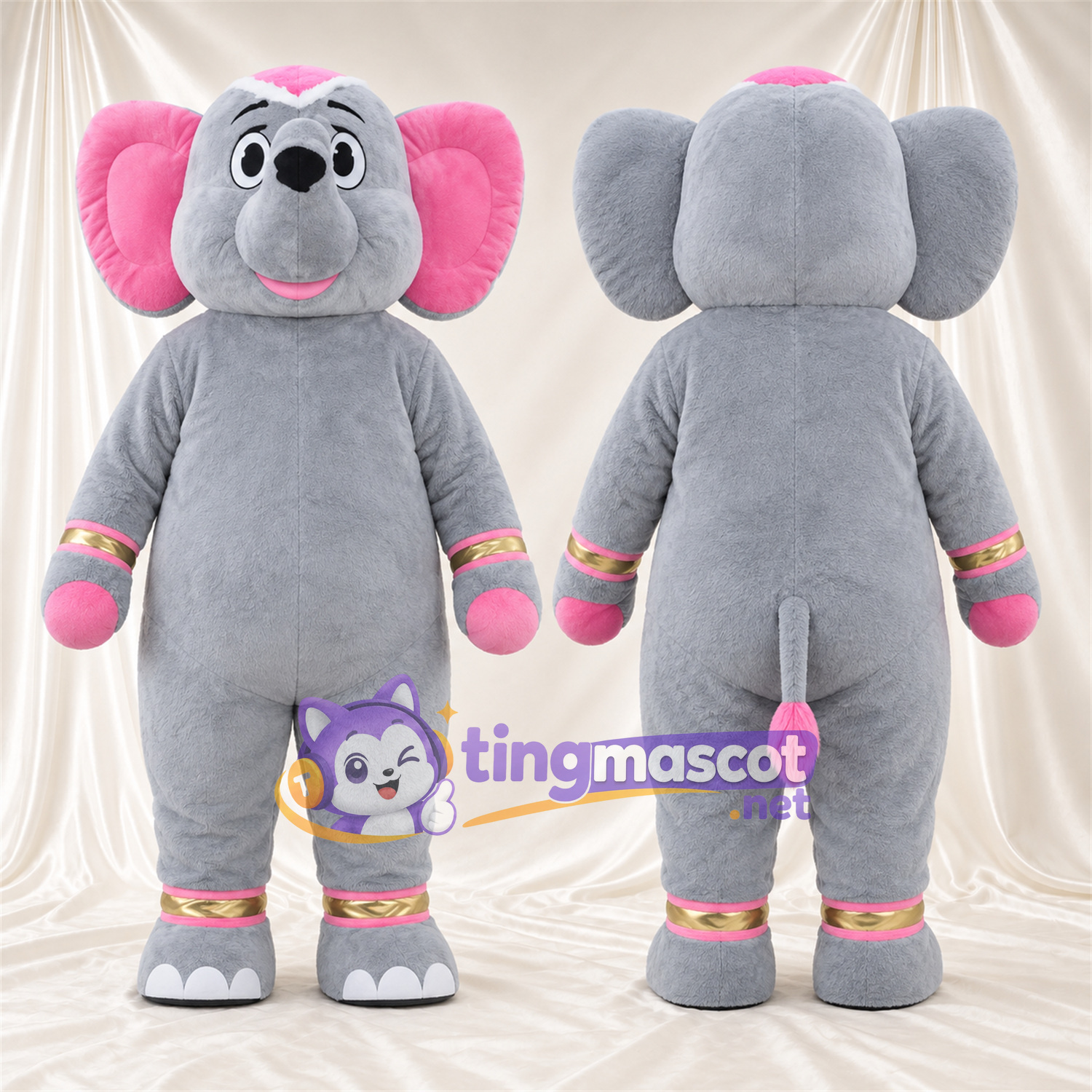 Maskottchenkostüm Elefant – grau – Hände (rosa); Manschetten (rosa / goldfarben) Maskottchenkostüm Elefant – grau – Hände (rosa); Manschetten (rosa / goldfarben)