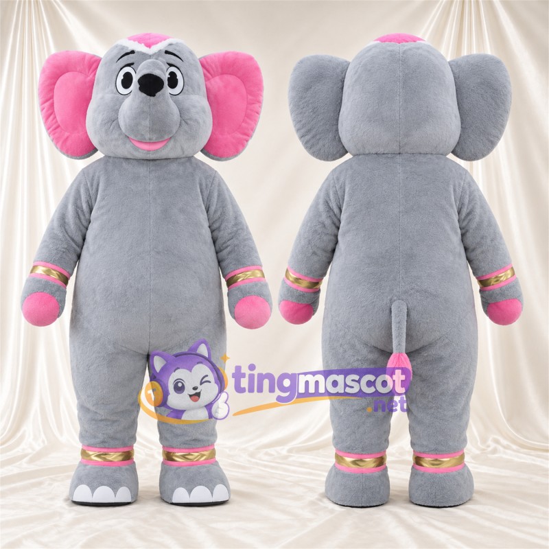 Maskottchenkostüm Elefant – grau – Hände (rosa); Manschetten (rosa / goldfarben)