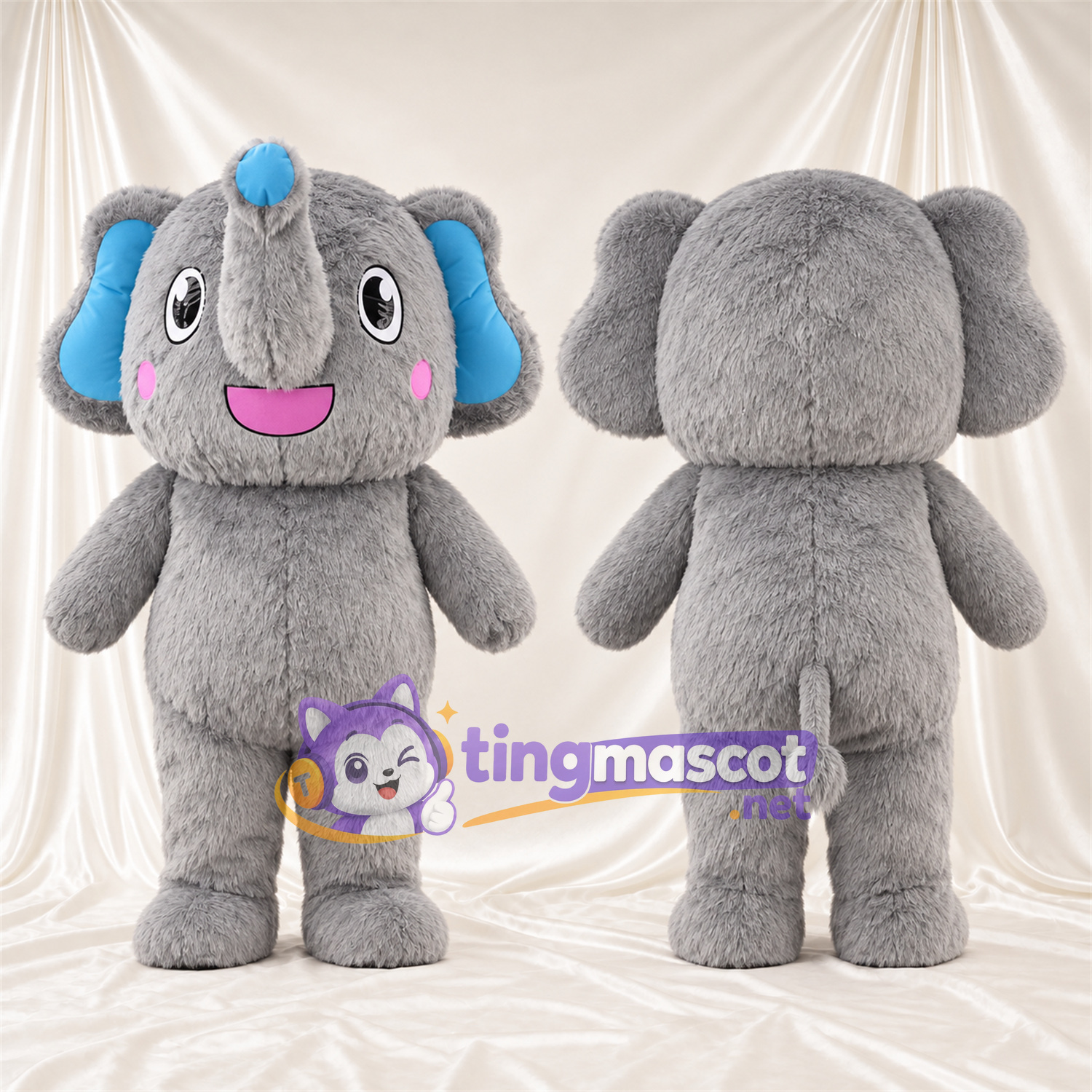 Maskottchenkostüm Elefant – grau – Ohreninnenseiten (blau); Erhobener Rüssel Maskottchenkostüm Elefant – grau – Ohreninnenseiten (blau); Erhobener Rüssel