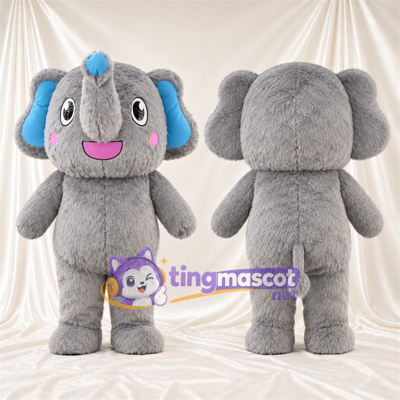 Maskottchenkostüm Elefant – grau – Ohreninnenseiten (blau); Erhobener Rüssel