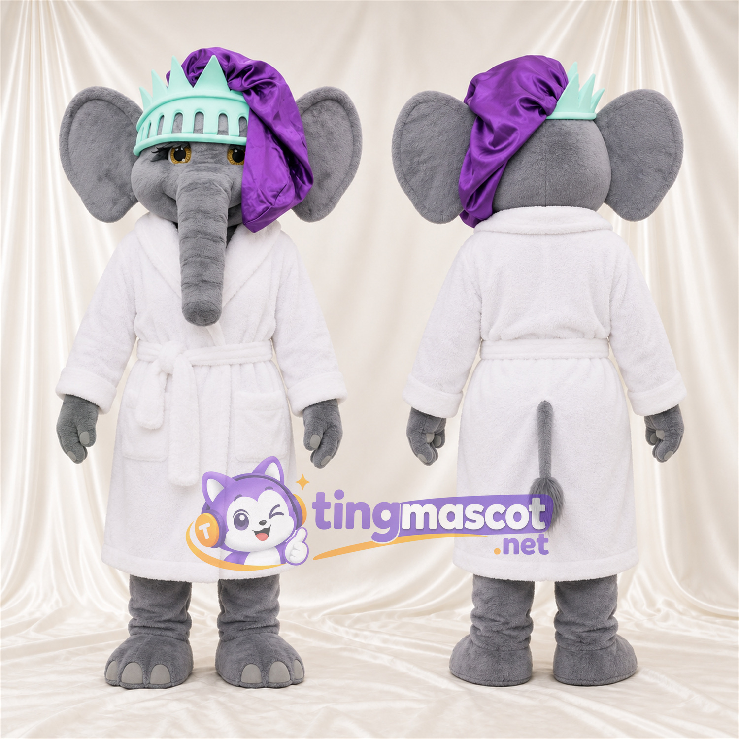 Maskottchenkostüm Elefant – grau – Robe (weiß); Krone (türkis) Maskottchenkostüm Elefant – grau – Robe (weiß); Krone (türkis)