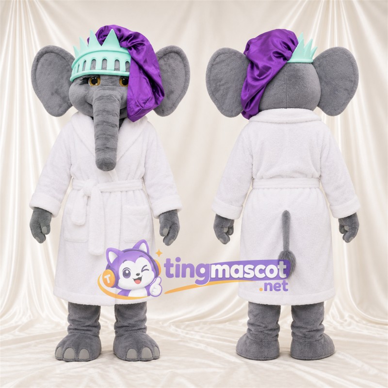 Maskottchenkostüm Elefant – grau – Robe (weiß); Krone (türkis)