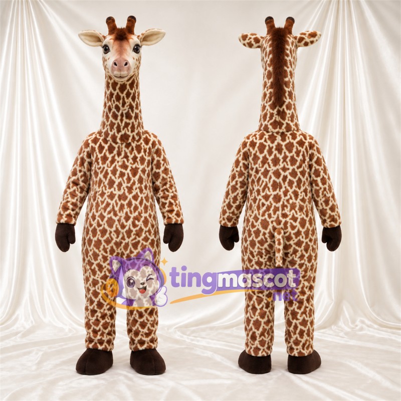 Brown and Cream Giraffe Mascot Costume - Black Gloves and Small Patch Pattern