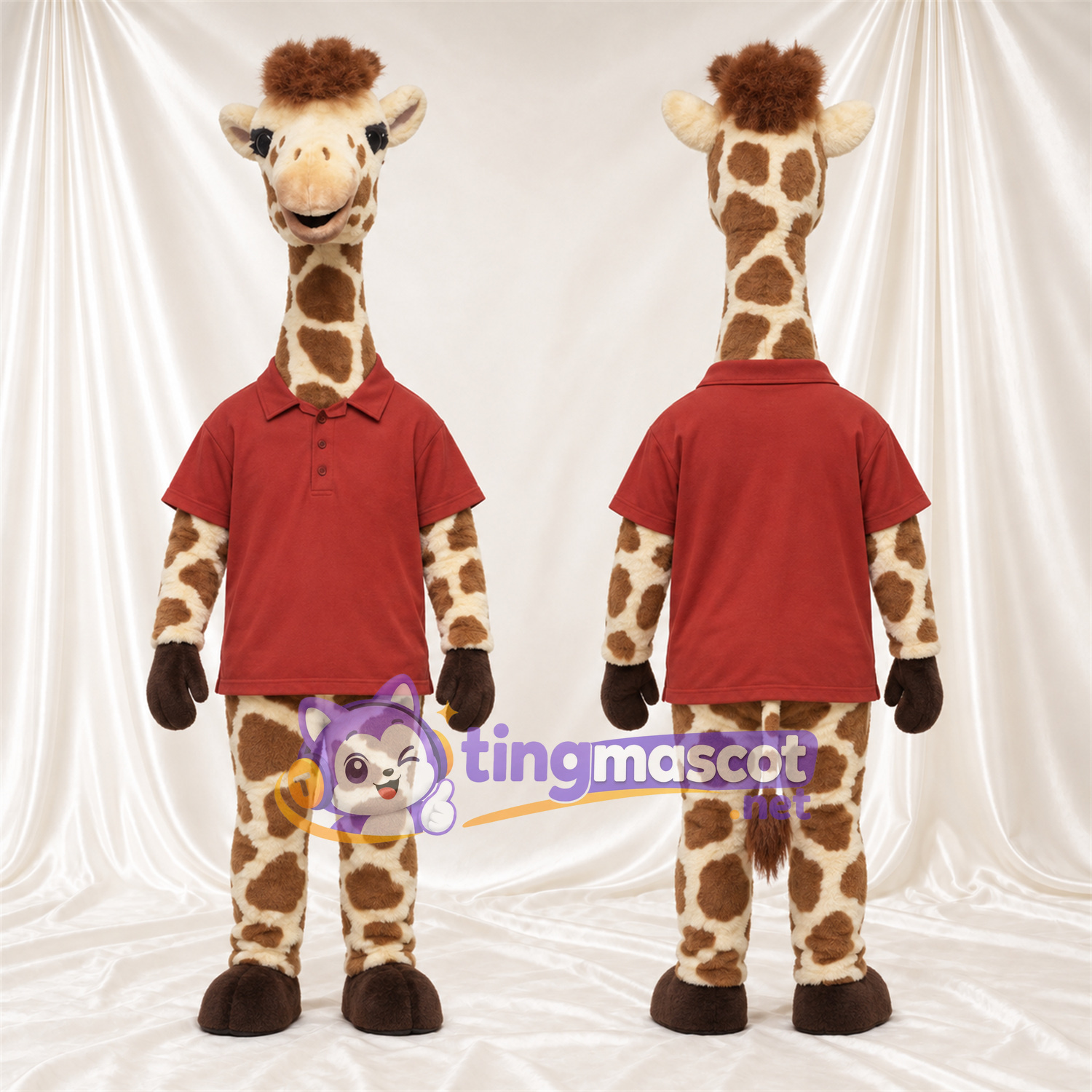 Maskottchenkostüm Giraffe – braun / creme – Poloshirt (rot) Maskottchenkostüm Giraffe – braun / creme – Poloshirt (rot)