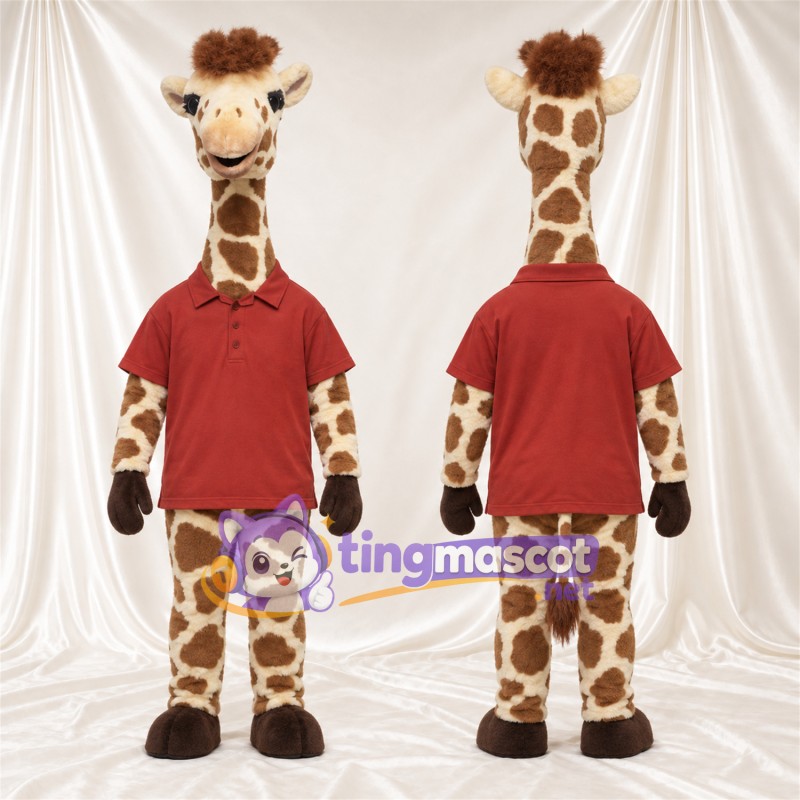Maskottchenkostüm Giraffe – braun / creme – Poloshirt (rot)