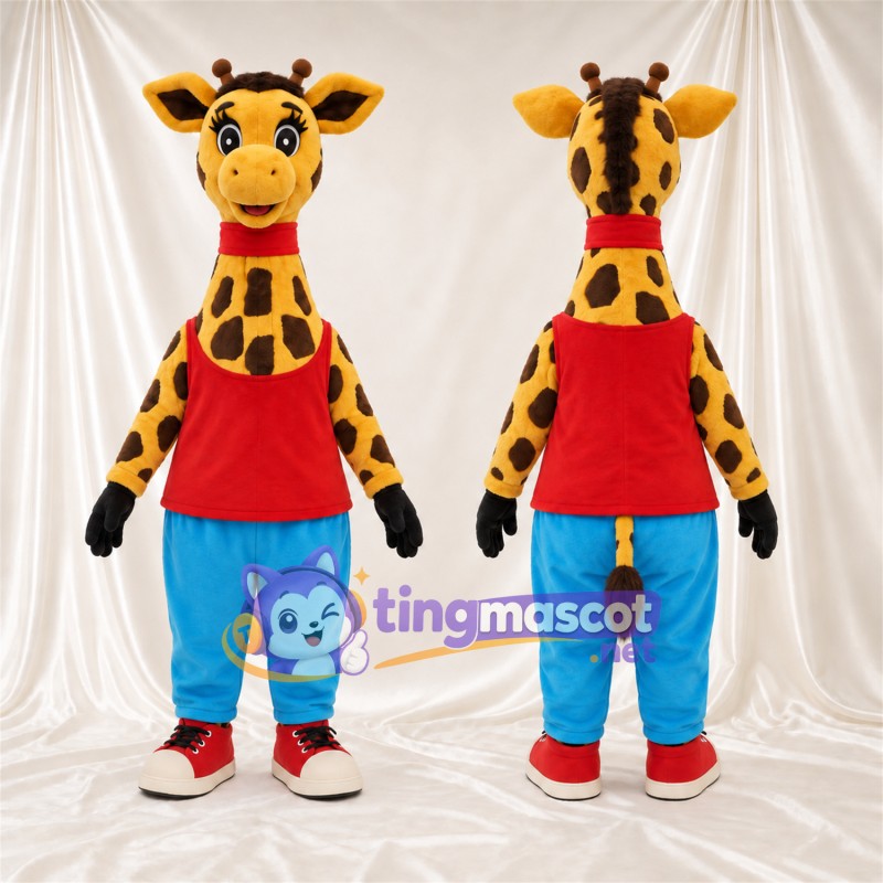 Costume de mascotte Girafe – jaune / marron – Chemise (rouge); Pantalon (bleu)