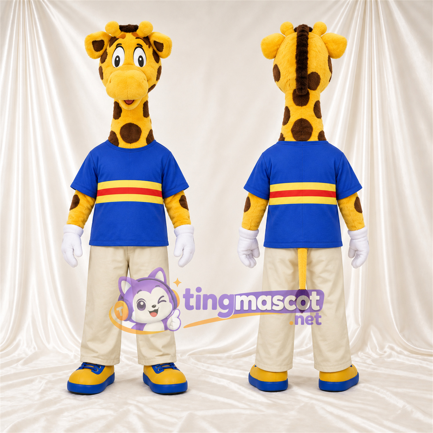 Costume de mascotte Girafe – jaune / marron – Chemise (bleu); Pantalon (crème) Costume de mascotte Girafe – jaune / marron – Chemise (bleu); Pantalon (crème)