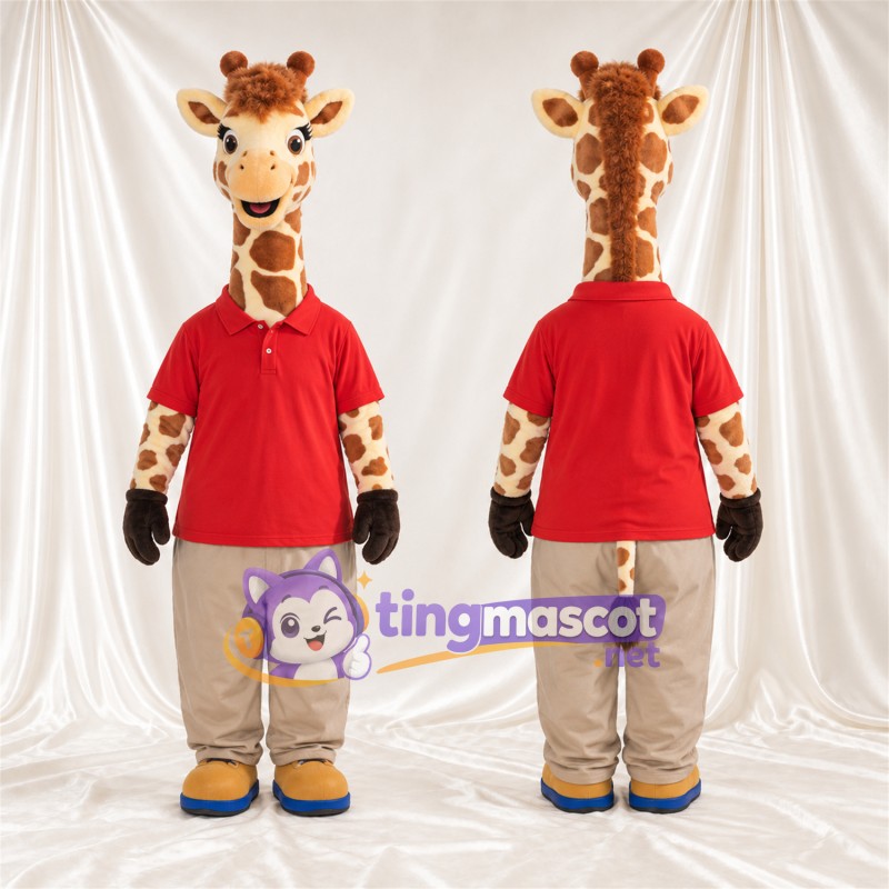 Costume de mascotte Girafe – marron / crème – Chemise (rouge); Pantalon (brun clair)